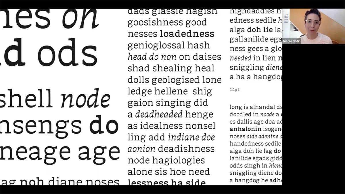 Typeface by Keya Vadgama, which was untitled at the time. Nicole Dotin is giving her feedback during the April 4, 2020 Alphacrit via Zoom. Sol Matas hosted this session.