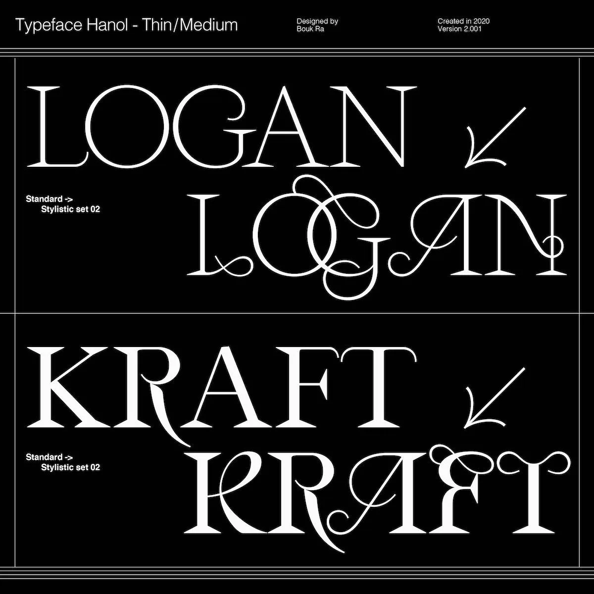 Hanol V.2 Typeface - Thin/Medium weights, stylistic set 02 