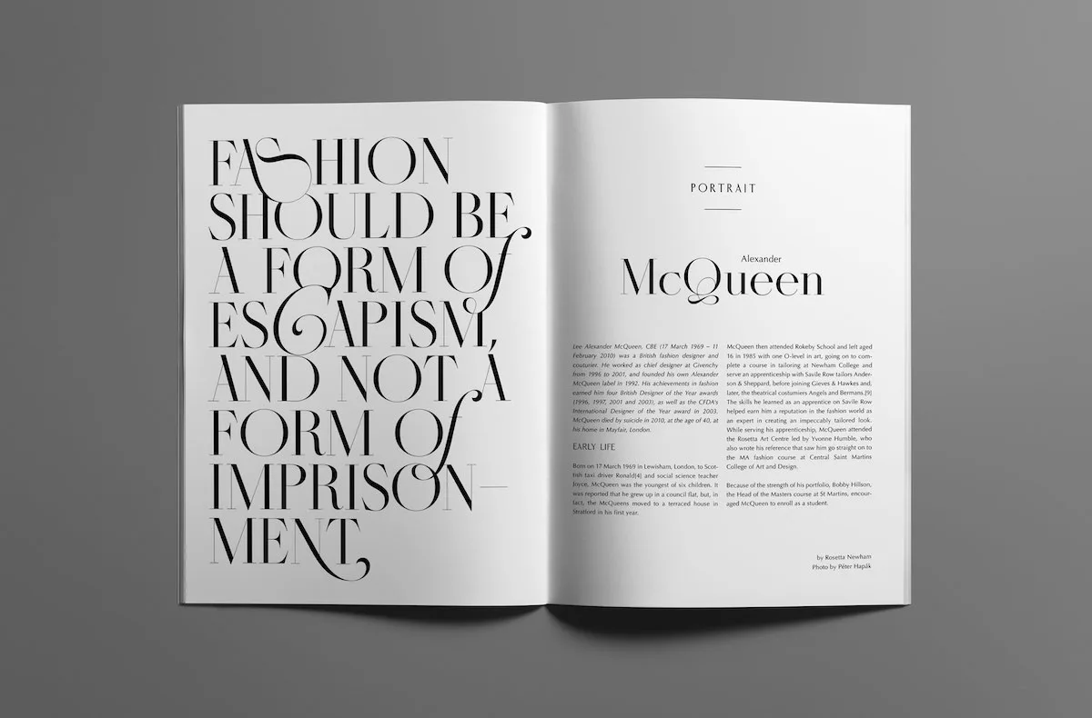 “Fashion should be a form of escapism and not a form of imprisonment” - Alexander McQueen quote in Masque hairline typeface with ligatures 