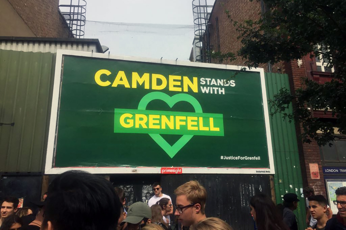 Black Outdoor Art project created fro encourage social change & amplify Black voices and creativity - billboard calling for #JusticeForGrenfell 