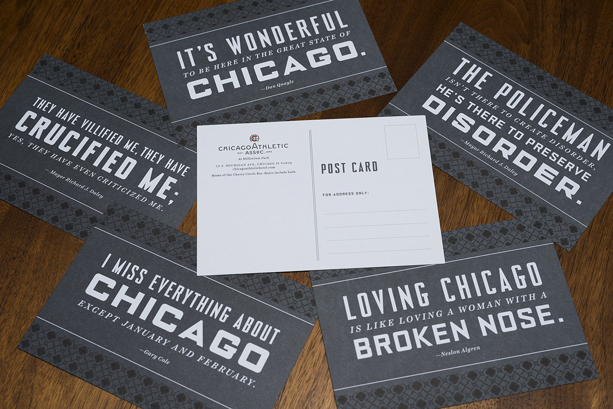 Chicago Athletic Association Hotel Postcards with custom font by Mucca