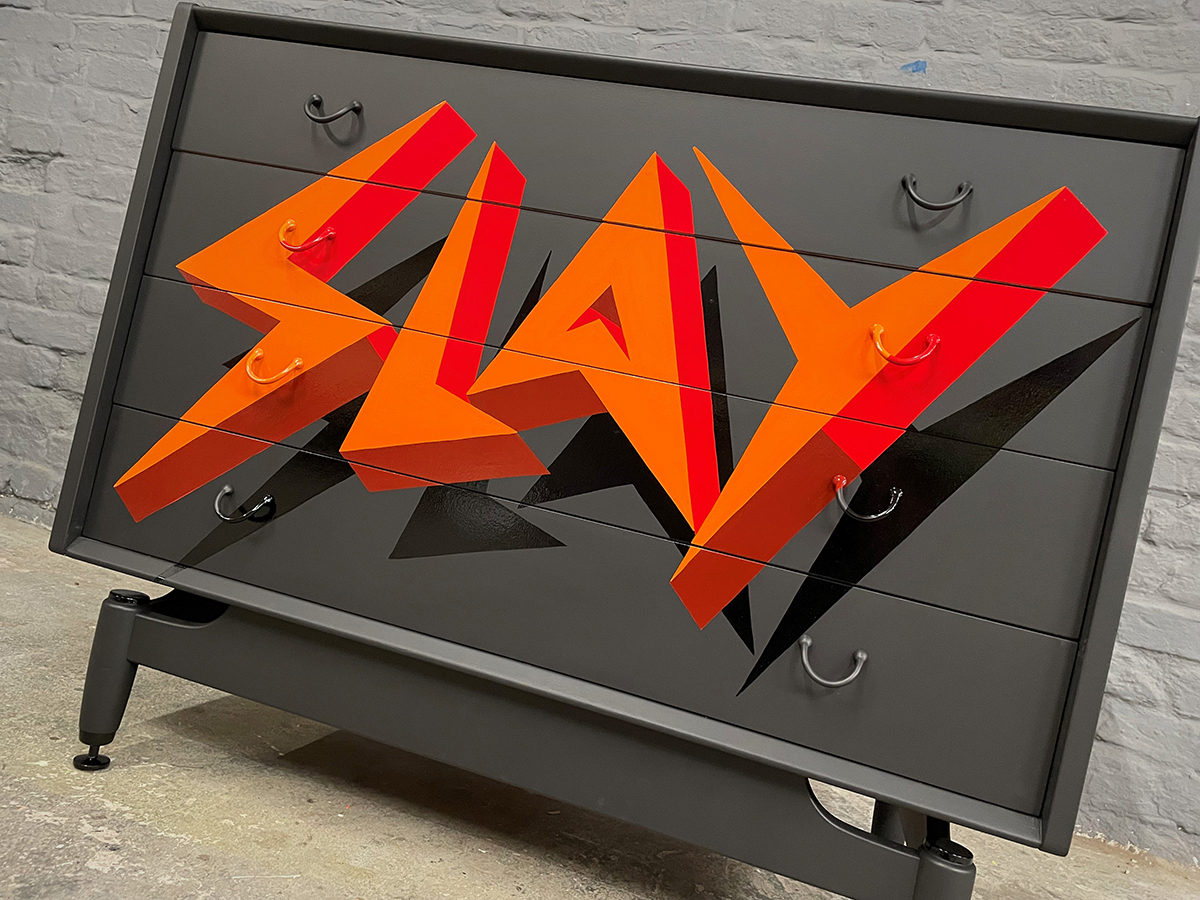 "SLAY" Populuxe hand-painted lettering on a vintage chest of drawers – Joel Poole 