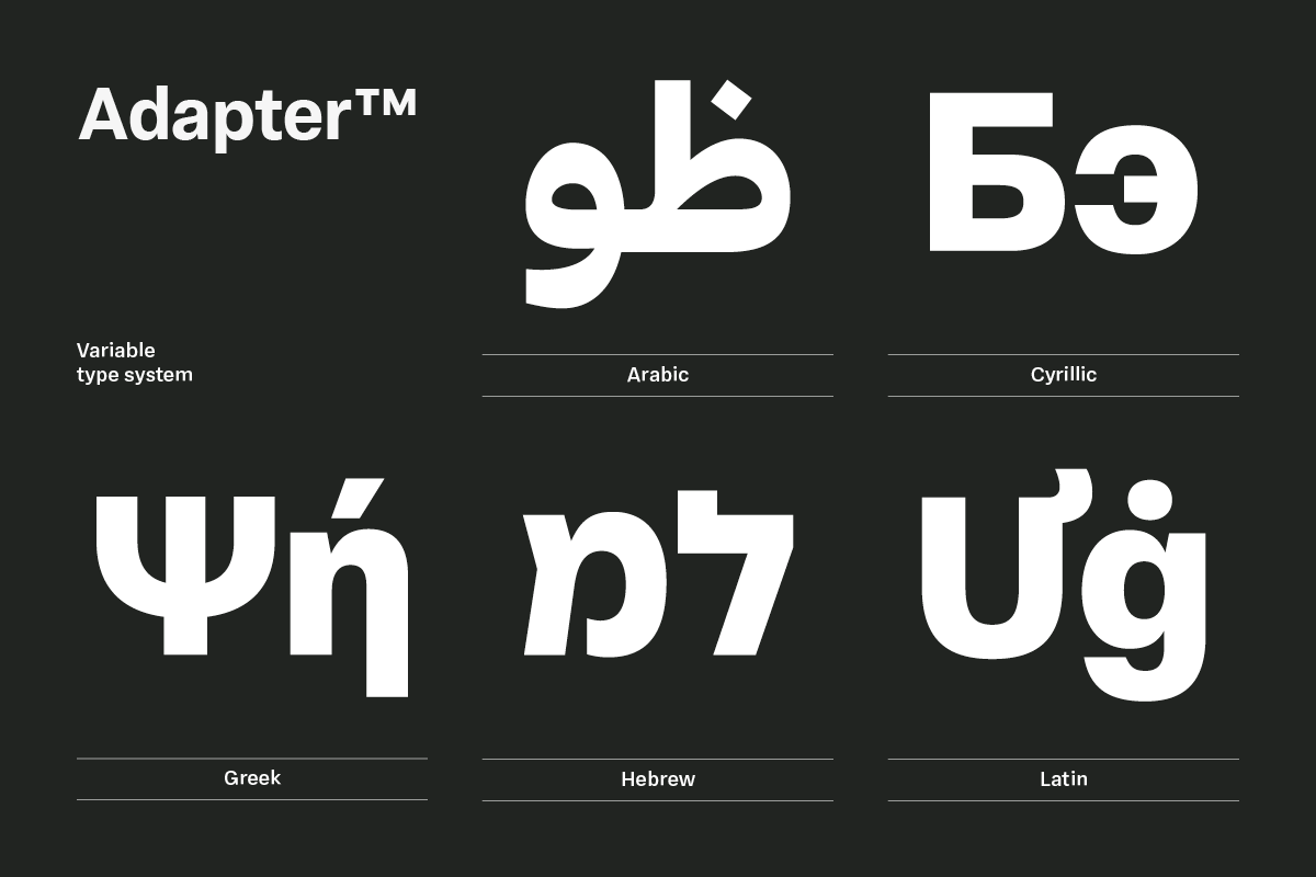 The new type system from Rosetta type foundry, Adapter™: a no-frills sans serif with extensive language support. 