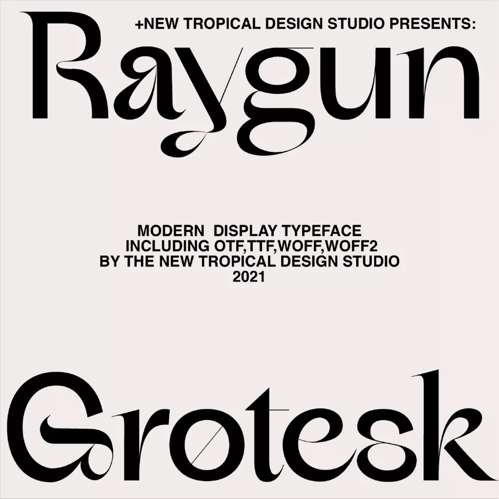 Raygun Grotesk, a font by New Tropical Design, available on Type Department.