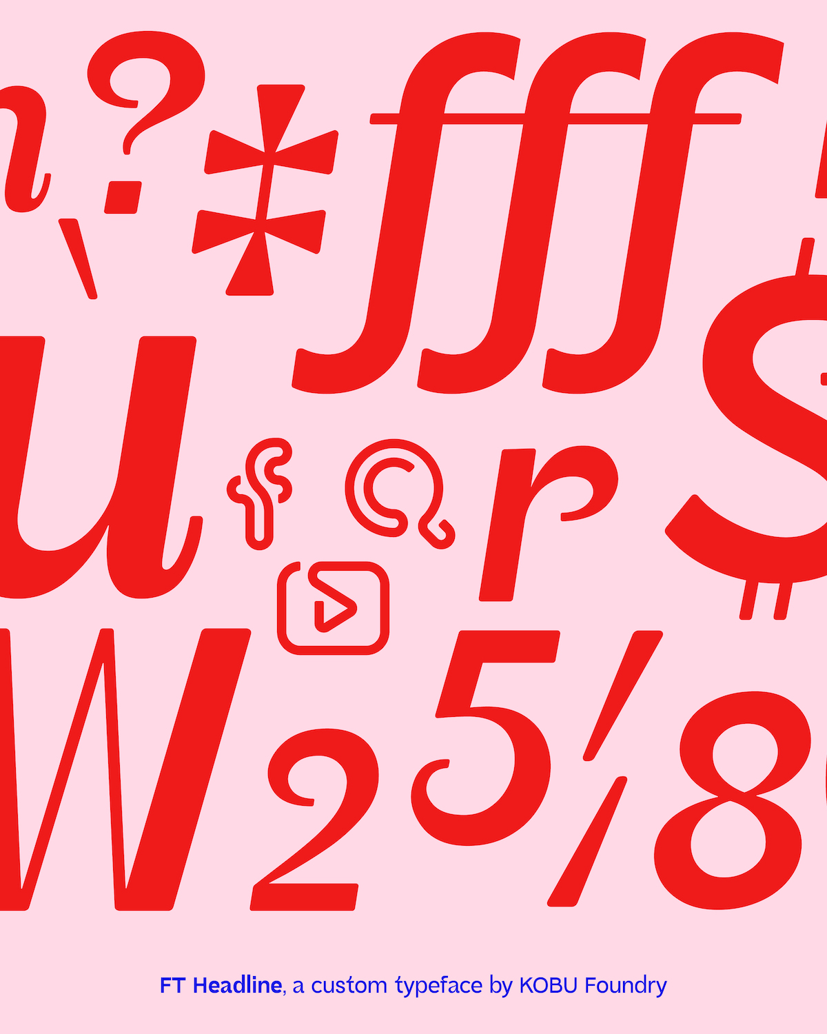 FT Headline, a custom font by KOBU Foundry. A collection of glyphs in red on a pale pink background. 