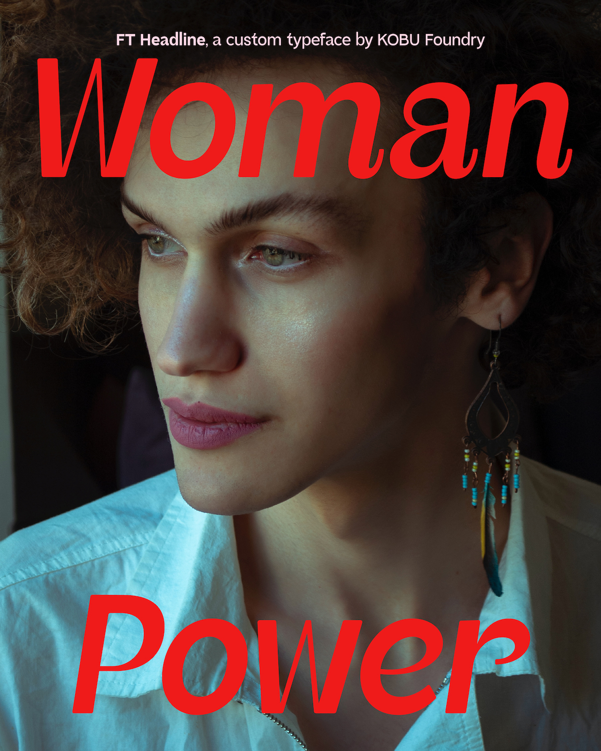 FT Headline, a custom font by KOBU Foundry for Facialteam rebranding, 2022. Text reads: 'Woman Power' set on a portrait photograph.