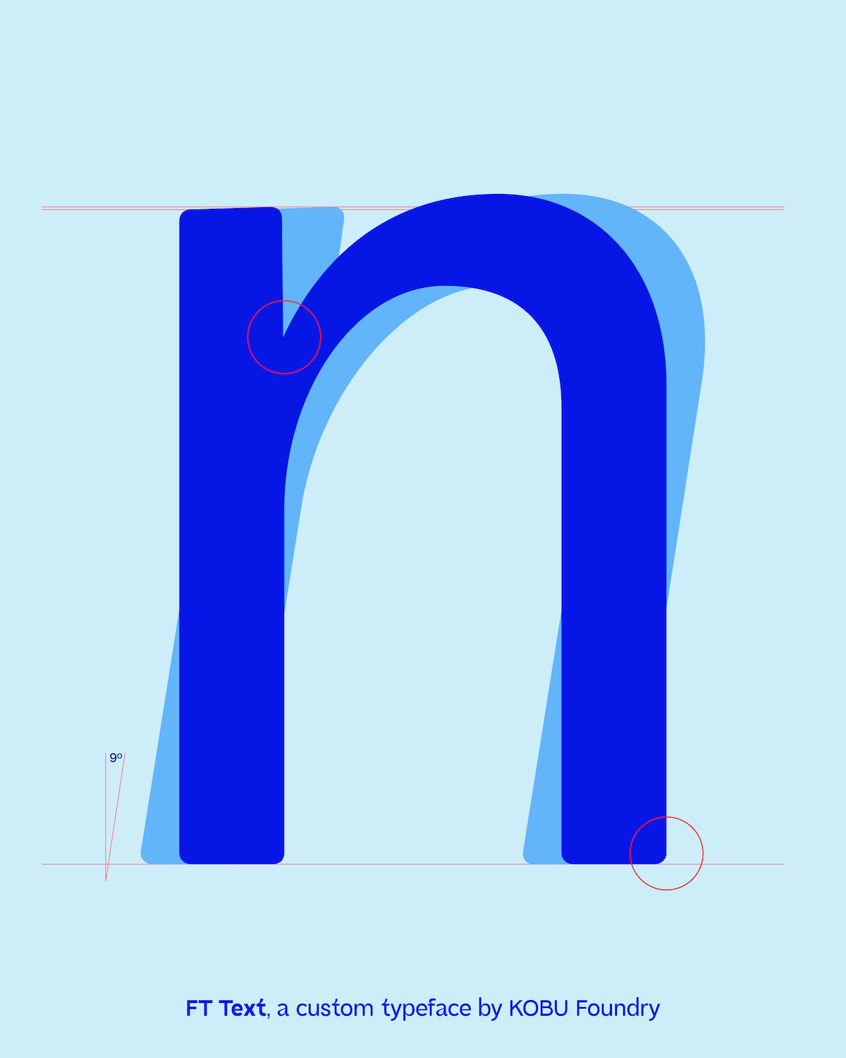 FT Text, a custom font by KOBU Foundry for Facialteam rebranding, 2022. Letter 'n' in ultramarine blue on a pale blue background. 