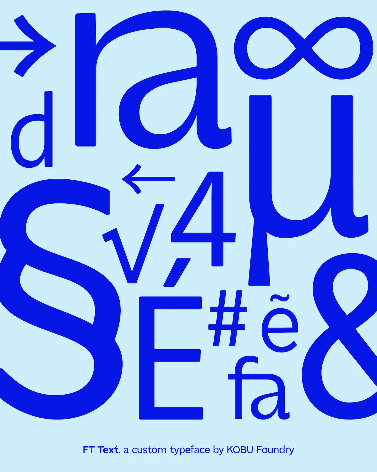 FT Text, a custom font by KOBU Foundry for Facialteam rebranding, 2022. A collection of glyphs in ultramarine blue on a pale blue background. 