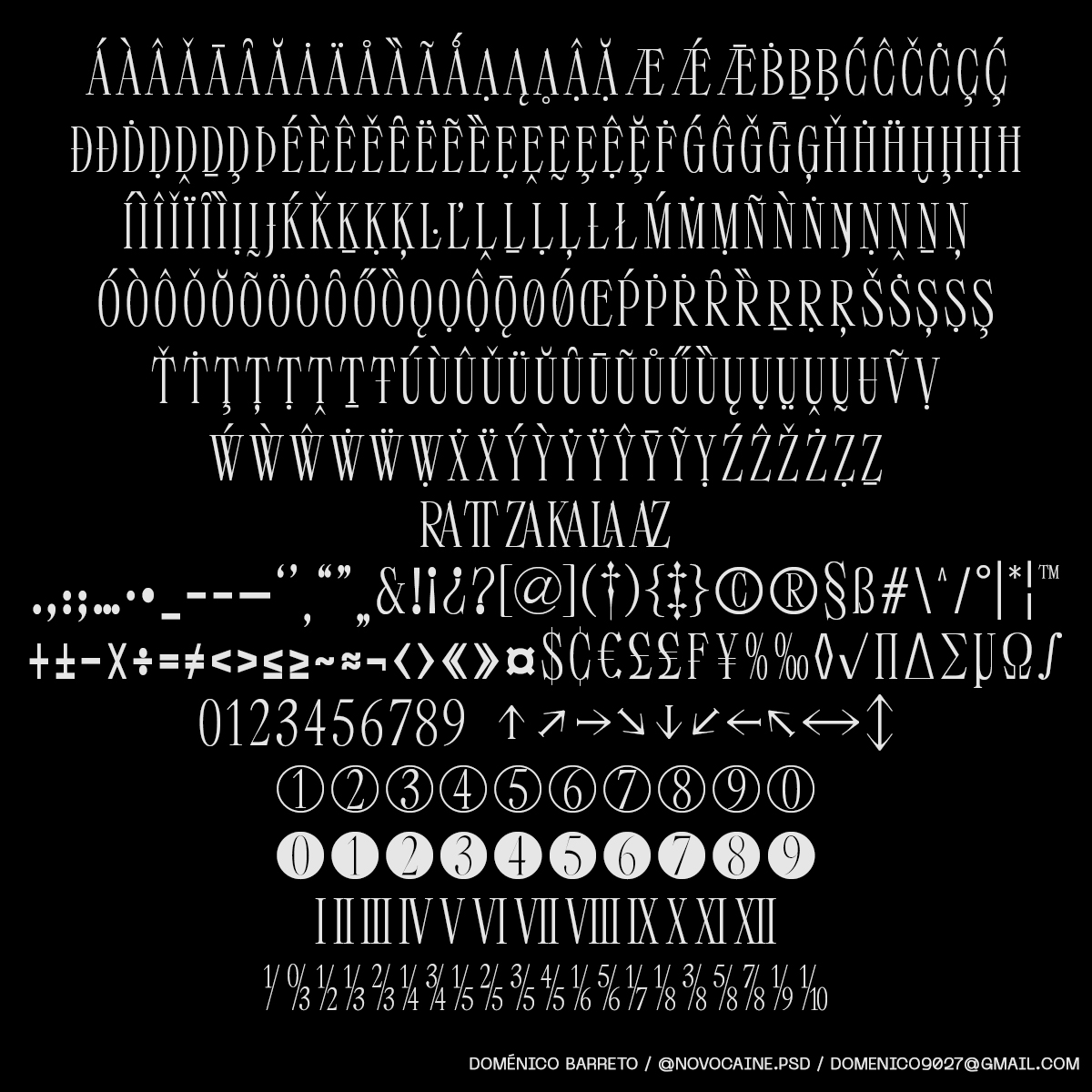 Longinus full glyph set on a black and white background. Doménico Barreto Deep Dives Into the Aesthetic of His Latest Typeface 